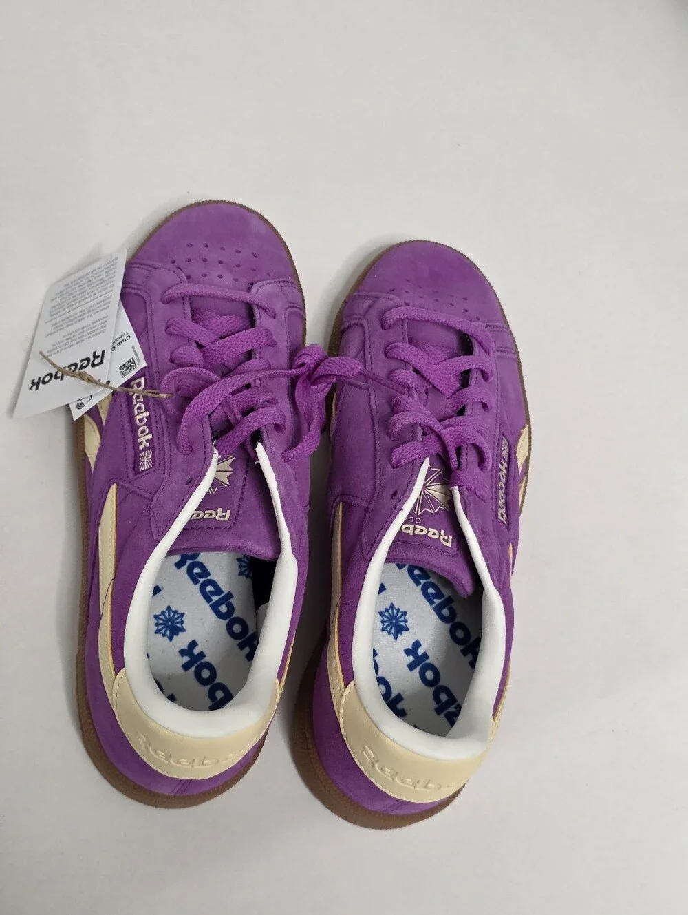 NWT Women's Reebok Club C Grounds UK in color Purple Rave/Chalk/Bleached Yellow.